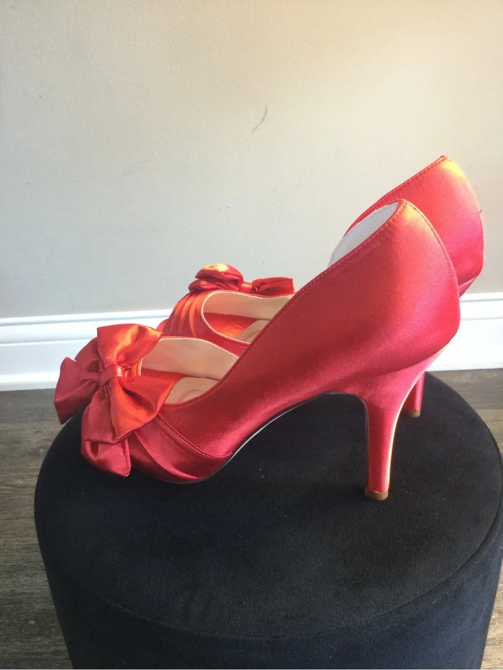 Satin Bow Peep-Toe Heels in Red